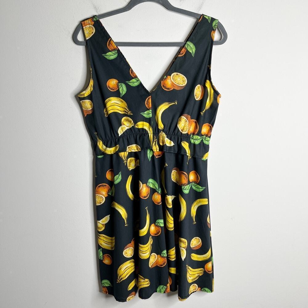 Lumina Women's Sun Dress Size M Black Fruit Print Sleeveless Fit & Flare V-Neck - Picture 2 of 9